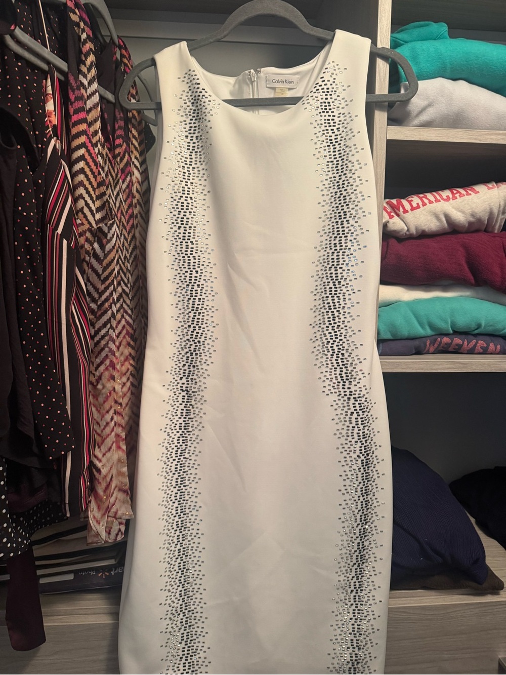 Calvin Klein White Sheath Dress with Black Dot Detail